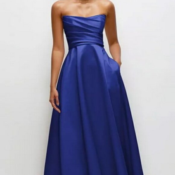 Dessy Collection Cobalt Blue Ruched Strapless Satin Gown 3171 - Picture 1 of 6